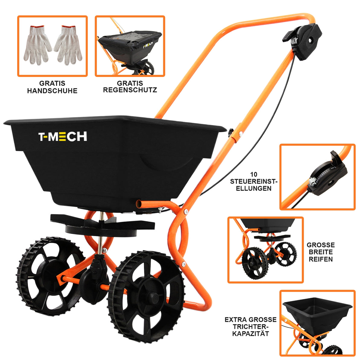 Schwarzer Saatgut Streuwagen mit orangefarbenem Gestell, großen Reifen und 25L Kapazität, ideal für gleichmäßiges Streuen von Saatgut und Dünger
