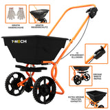 Schwarzer Saatgut Streuwagen mit orangefarbenem Gestell, großen Reifen und 25L Kapazität, ideal für gleichmäßiges Streuen von Saatgut und Dünger