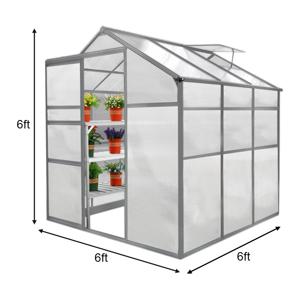 Gewächshaus 1,8m x 1,8m ohne Boden, mit transparenten PVC-Wänden, grauem Metallrahmen und mehreren Regalen für Pflanzen und Blumen