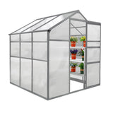Gewächshaus in rechteckiger Form, 1.8m x 1.8m, mit transparenten Wänden, grauem Rahmen und offenen Regalen für Pflanzen, ideal für Gartenliebhaber