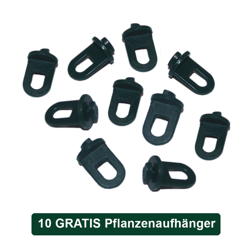 Zehn schwarze Pflanzenaufhänger aus robustem Kunststoff, ideal für die Befestigung von Pflanzen im Gewächshaus, mit stabiler Schlauform und praktischem Design
