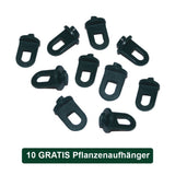 Zehn schwarze Pflanzenaufhänger aus robustem Kunststoff, ideal für die Befestigung von Pflanzen im Gewächshaus, mit stabiler Schlauform und praktischem Design