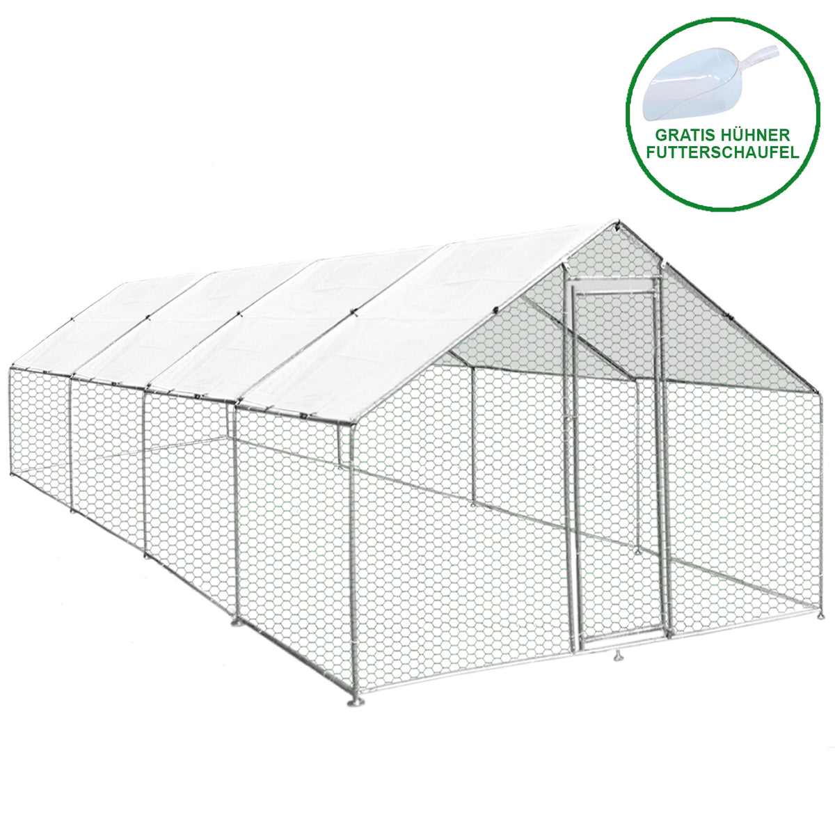 Hühnerfreilauf aus verzinktem Stahl mit einem weißen, wasserdichten Dach, 3m x 8m x 2m, ideal für die sichere Haltung von Hühnern im Freien