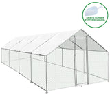 Hühnerfreilauf aus verzinktem Stahl mit einem weißen, wasserdichten Dach, 3m x 8m x 2m, ideal für die sichere Haltung von Hühnern im Freien