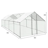 Geräumiger Hühnerfreilauf aus verzinktem Metall mit einem weißen, wasserdichten Dach, misst 3m x 8m x 2m, ideal für die artgerechte Haltung von Hühnern
