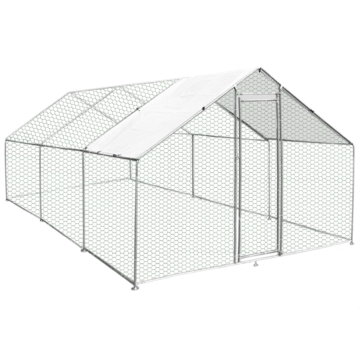 Hühnerfreilauf aus verzinktem Stahl, 4m x 6m x 2m, mit einem stabilen Netz, transparentem Dach und einer großen Eingangstür für einfachen Zugang
