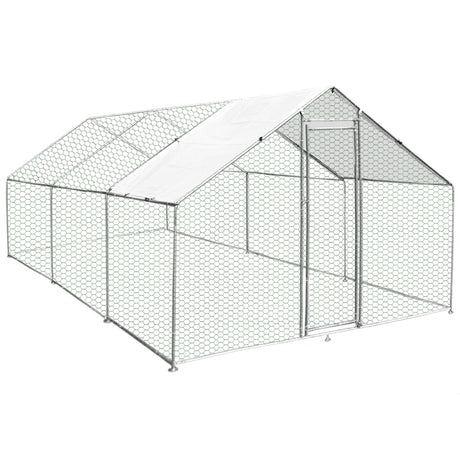 Hühnerfreilauf aus verzinktem Stahl, 4m x 6m x 2m, mit einem stabilen Netz, transparentem Dach und einer großen Eingangstür für einfachen Zugang