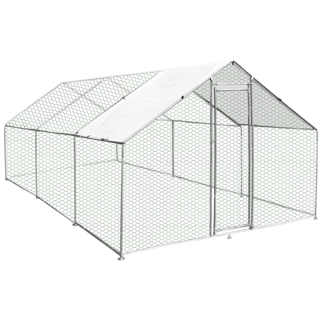 Hühnerfreilauf aus verzinktem Stahl, 4m x 6m x 2m, mit einem stabilen Netz, transparentem Dach und einer großen Eingangstür für einfachen Zugang