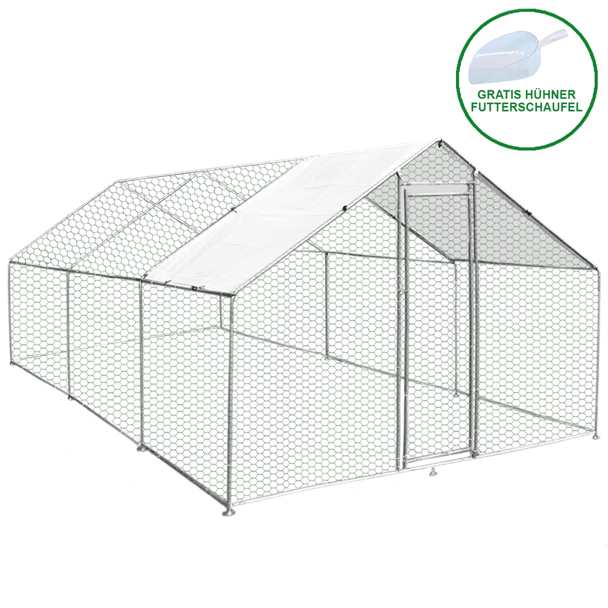 Geräumiger Hühnerfreilauf in rechteckiger Form, 4m x 6m x 2m, mit stabilen Metallgitterwänden und einem weißen, wasserdichten Dach, inklusive gratis Futterschaufel