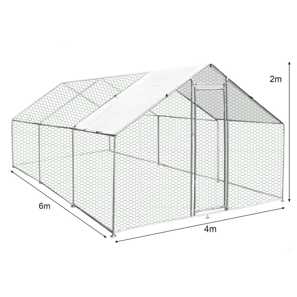 Geräumiger Hühnerfreilauf aus verzinktem Metall, 4m x 6m x 2m, mit stabilen Gitterwänden und einem schrägen Dach für optimalen Wetterschutz