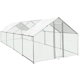 Hühnerfreilauf aus verzinktem Metall, 4m x 8m x 2m, mit einem stabilen Netz und einem weißen Dach, ideal für die sichere Haltung von Hühnern im Freien