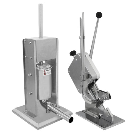 Kukoo Wurstfüller aus Edelstahl mit glänzender Oberfläche und Wurstclipper, beide robust und funktional, ideal für die Wurstherstellung zu Hause