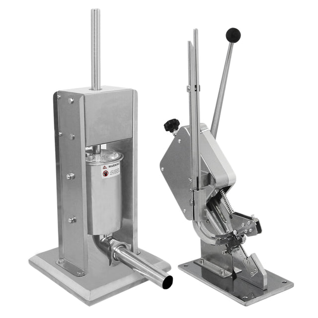 Kukoo Wurstfüller aus Edelstahl mit glänzender Oberfläche und Wurstclipper, beide robust und funktional, ideal für die Wurstherstellung zu Hause