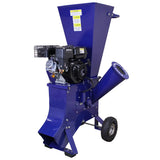 Blauer Holzhacker mit 6,5 PS Motor, robustem Gehäuse, großen Rädern und Auswurftrichter, ideal für Gartenarbeiten und Holzverarbeitung