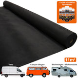 Schwarzer Auto-Verkleidungststoff auf einer Rolle, begleitet von fünf Dosen Mehrzweckkleber, ideal für Vans und Wohnmobile, 11m² Fläche