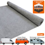 Grau Teppich-Verkleidung aufgerollt, daneben fünf Dosen Mehrzweckkleber, ideal für Vans, Camper und Wohnmobile, 11m² Fläche