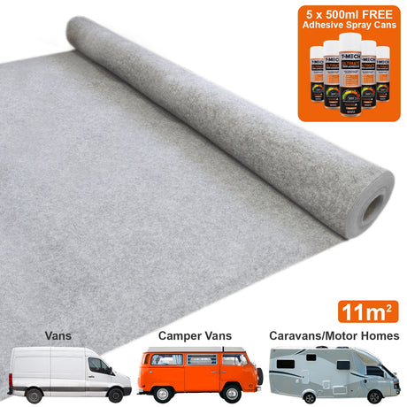 Silber-graue Teppich-Verkleidung aufgerollt, begleitet von fünf Dosen Mehrzweckkleber, ideal für Vans und Wohnmobile, 11 m² Fläche