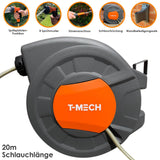 Schlauchaufroller in Grau mit orangefarbenem T-MECH-Logo, 20m Gartenschlauch, praktische Wandhalterung und Spritzpistolen-Funktion