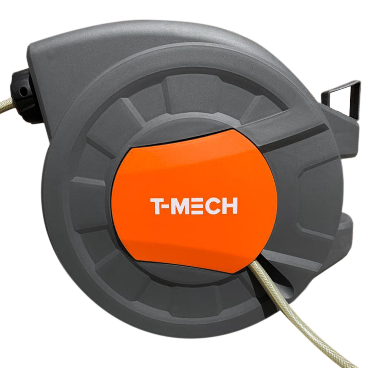 Graue 30m Schlauchtrommel mit orangefarbenem T-MECH-Logo, robustes Gehäuse, ideal für die Aufbewahrung von Gartenschläuchen und einfach zu bedienen