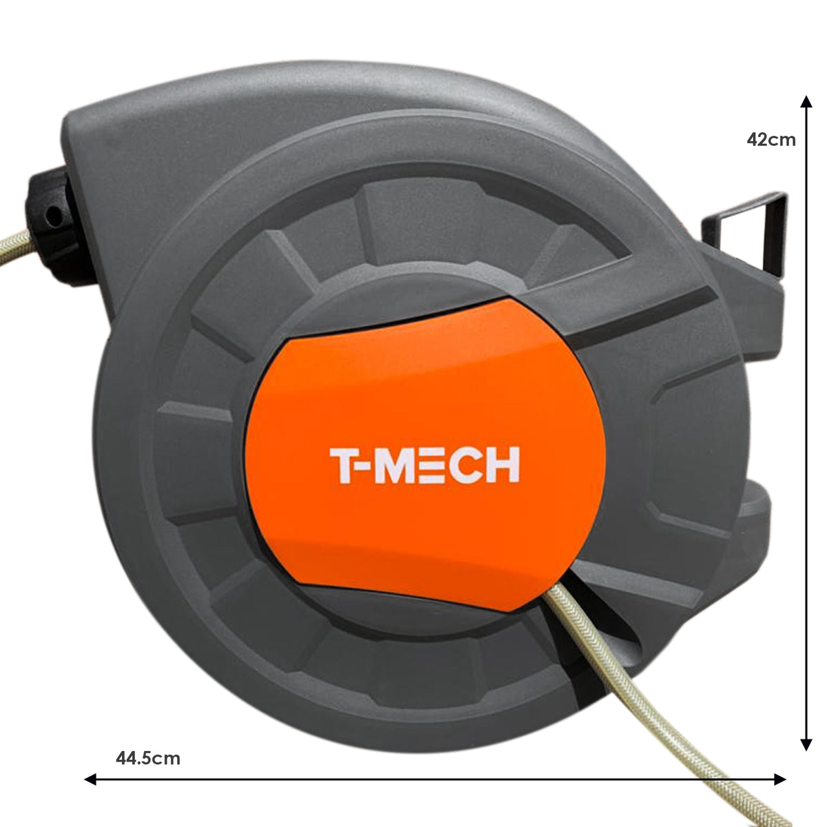 Graue Schlauchtrommel mit orangefarbenem T-MECH-Logo, kompakt und robust, ideal für die Aufbewahrung von 30m Gartenschlauch, praktische Wandmontage möglich