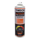 Sprühkleber in einer 500ml Dose mit grauem und orangefarbenem Etikett, ideal für verschiedene Materialien wie Teppiche, Leder und Stoffe
