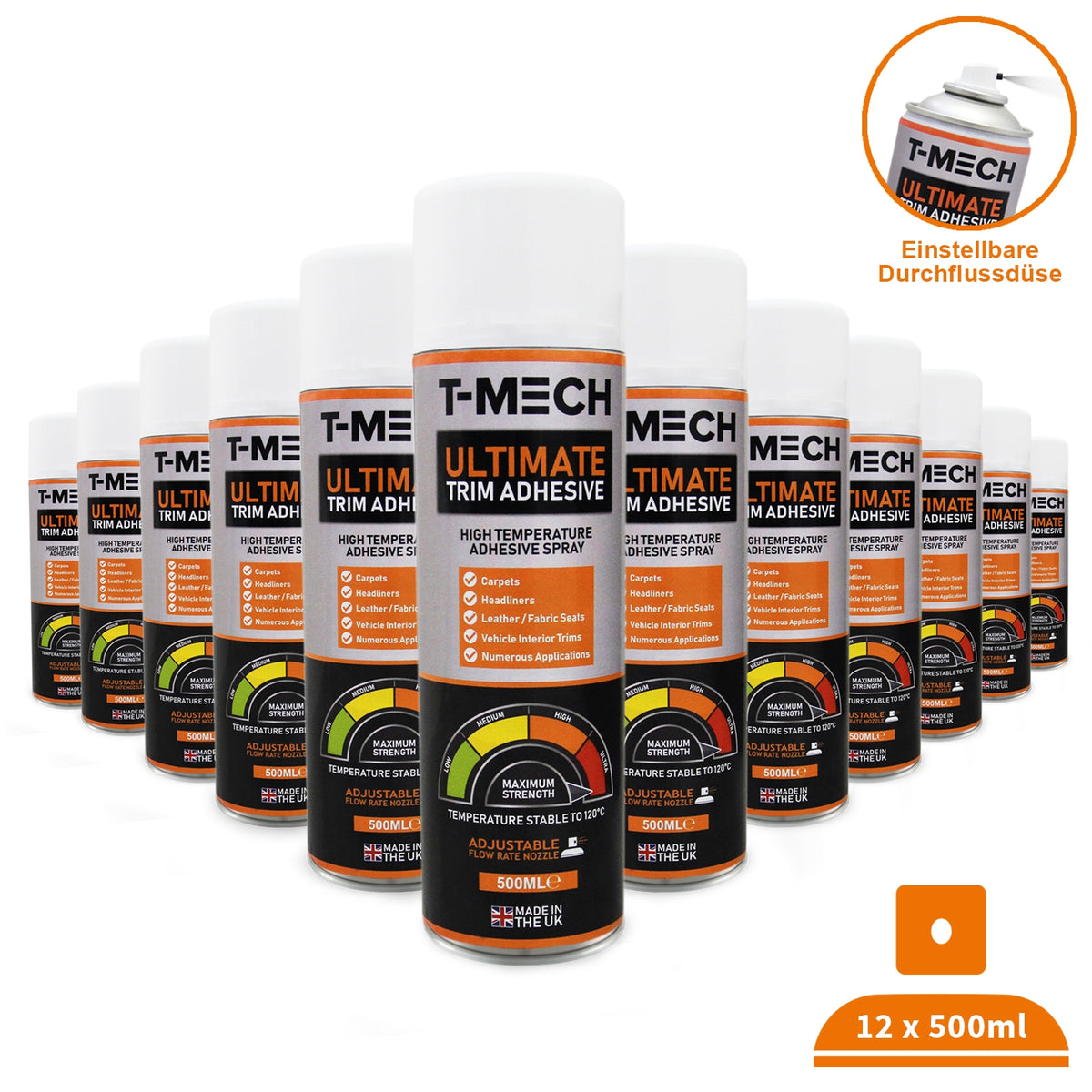 12 Dosen á 500ml T-MECH Ultimativer Sprühkleber in orange-schwarzem Design, ideal für starke Haftung und vielseitige Anwendungen, mit einstellbarer Düse