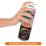 Sprühkleber in einer Hand, 500ml Dose mit einstellbarer Sprühdüse, zeigt Temperaturbereich und Anwendungshinweise auf der Verpackung
