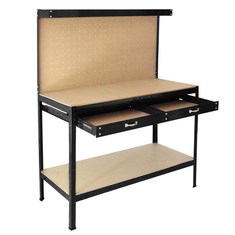 Schwarze Werkbank mit Stecktafel, zwei Schubladen und einer stabilen Ablagefläche, ideal für Werkstätten und Bastelprojekte