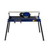 Robuster Fliesenschneider mit blauer Tischplatte, silberner Sägeblattführung und stabilen schwarzen Beinen, ideal für präzise Fliesenarbeiten