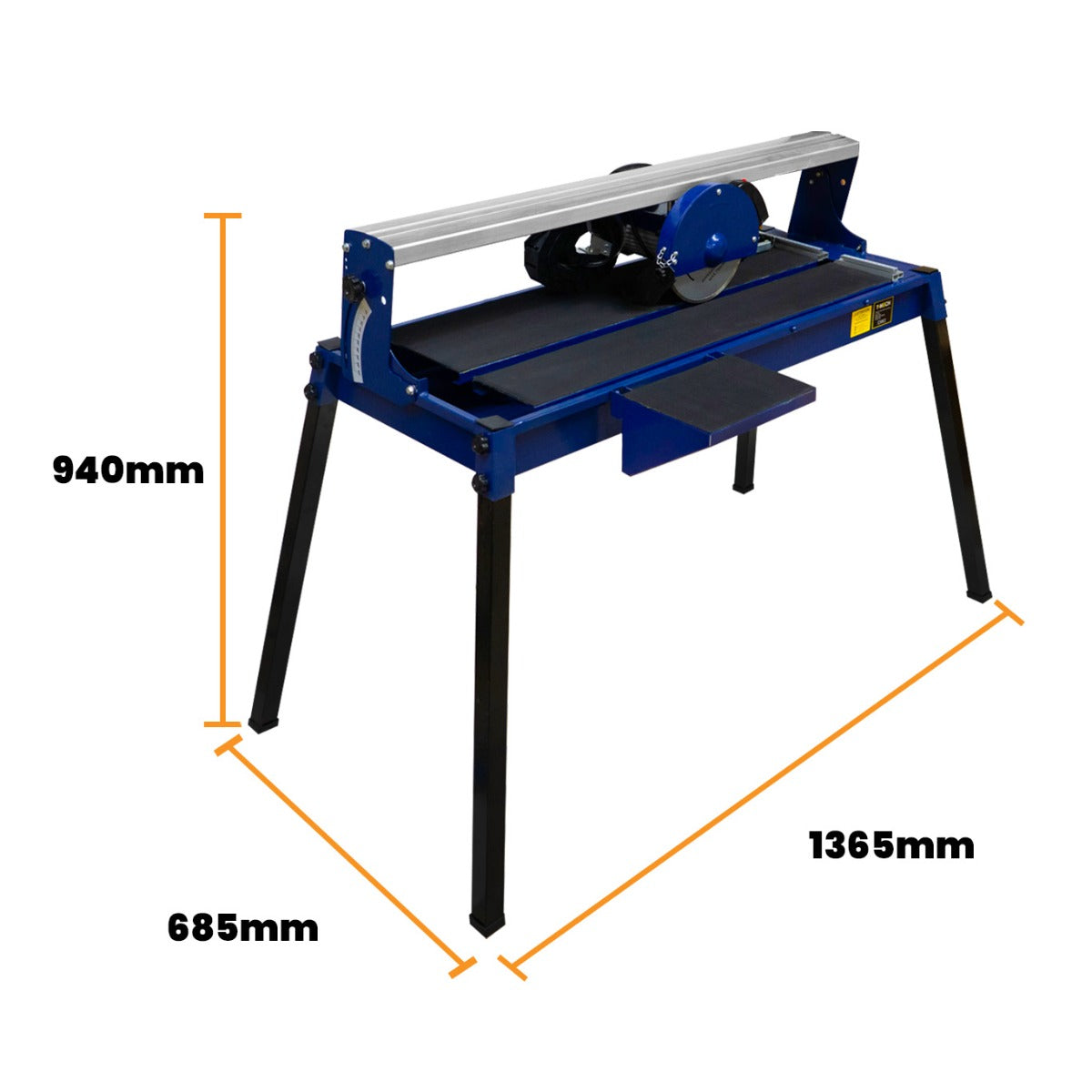 Robuster Fliesenschneider mit Tisch in Blau, 720 mm Schneidefläche, 800 W Motor, stabiler Rahmen, Maße: 1365 mm x 940 mm x 685 mm