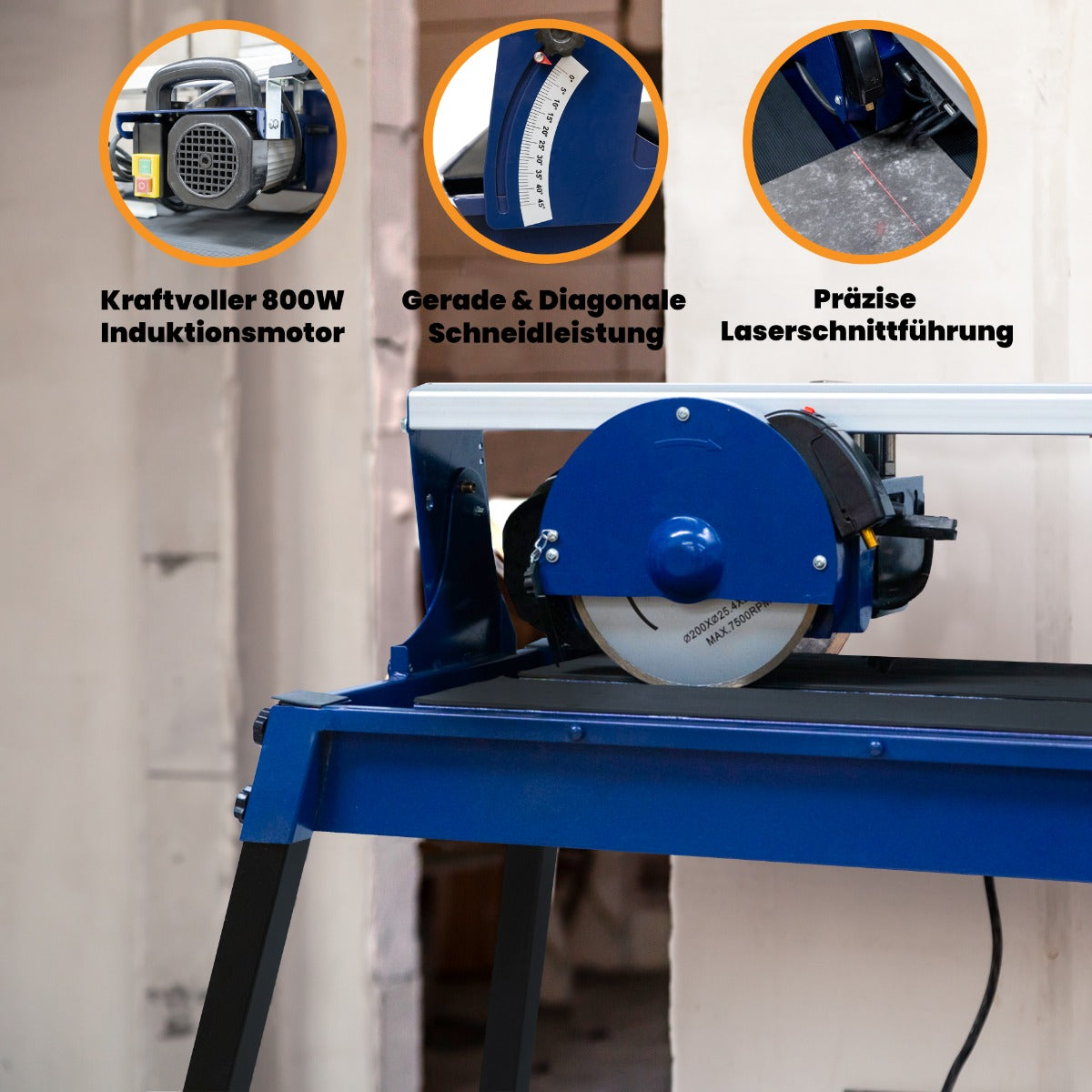 Kraftvoller Fliesenschneider mit 800W Induktionsmotor, blauer Tisch, präziser Laserschnittführung und robustem Design für gerade und diagonale Schnitte