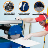 Kraftvoller Fliesenschneider mit 1200W Induktionsmotor, präzise Laserschnittführung, schneidet gerade und diagonale Fliesen auf einem stabilen Tisch