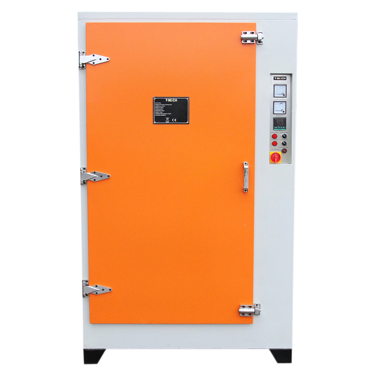 Pulverofen Lackieranlage mit orangefarbener Tür, robustem Metallgehäuse und Bedienfeld für Temperatur- und Zeiteinstellungen, ideal für professionelle Lackierarbeiten
