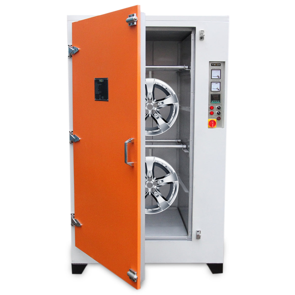 Pulverofen Lackieranlage mit orangefarbener Tür, innen zwei glänzende Felgen, robuste Bauweise, ideal für professionelle Lackierarbeiten