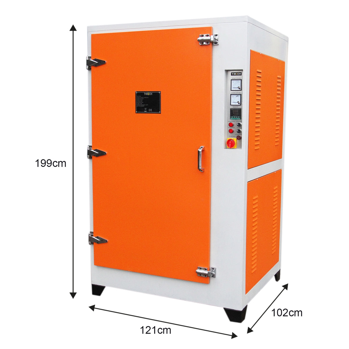 Pulverofen Lackieranlage in Orange und Weiß, 199 cm hoch, 121 cm breit, 102 cm tief, mit Bedienfeld und stabilen Türen für effiziente Lackierung