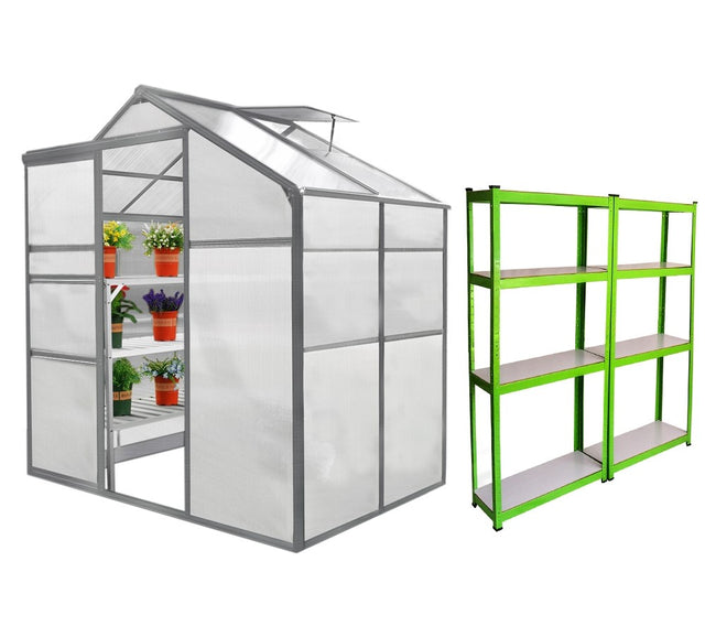 Gewächshaus in transparentem Design mit grauen Rahmen, ausgestattet mit zwei Regalen in lebhaftem Grün, ideal für Pflanzen und Gartenbedarf
