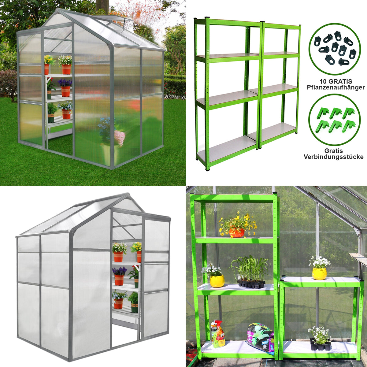 Gewächshaus 1,8m x 1,2m mit transparenten Wänden, grüner Aluminiumrahmen und zwei stabilen Regalen, ideal für Pflanzenzucht im Garten