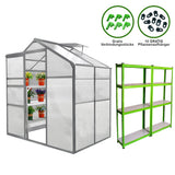 Gewächshaus in transparentem Polycarbonat mit grauem Rahmen, zwei Regalen, bepflanzt mit bunten Blumen, ideal für Gartenliebhaber und Pflanzenpflege