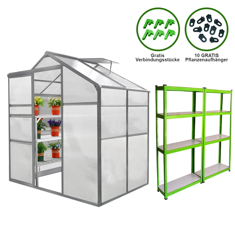 Gewächshaus in transparentem Polycarbonat mit grauem Rahmen, ausgestattet mit zwei Regalen und bunten Pflanzen, ideal für Gartenliebhaber