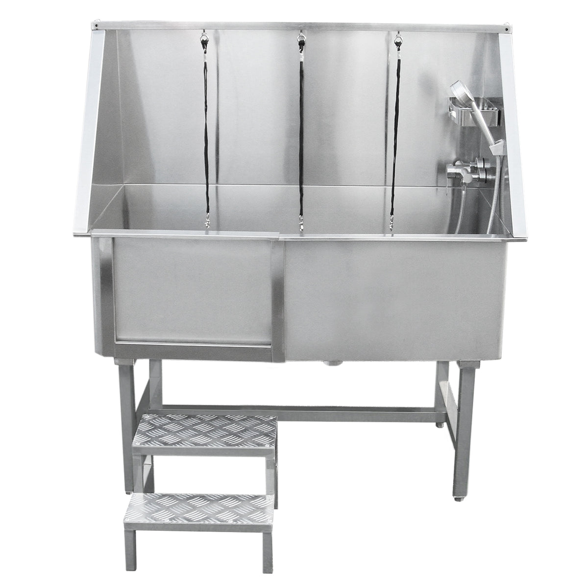 Edelstahl Haustierbadewanne mit drei Wasserhähnen, rutschfester Treppe, glänzender Oberfläche und praktischer, stabiler Bauweise für einfaches Baden von Haustieren