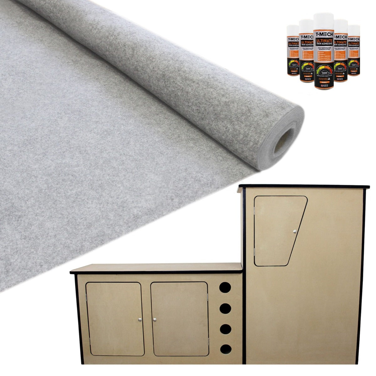 Silbergraue Auto-Verkleidung aus hochwertigem Material, zusammen mit einer kompakten Wohnwagenküche in Holzoptik und Pflegeprodukten im Set