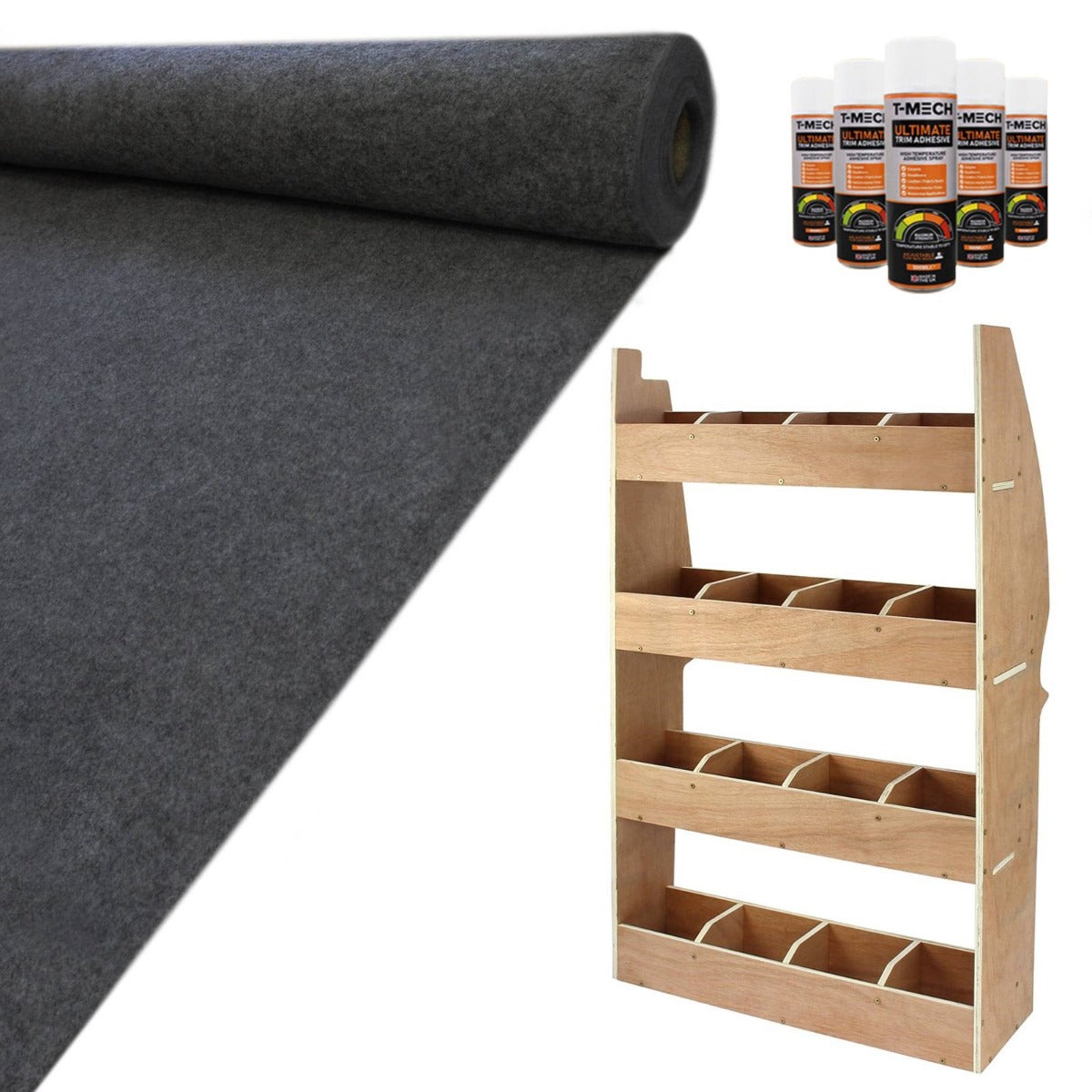 Anthrazitfarbener Teppich mit glatter Oberfläche, Holzregal mit mehreren Fächern und Kleberflaschen für Citroen Berlingo im Set