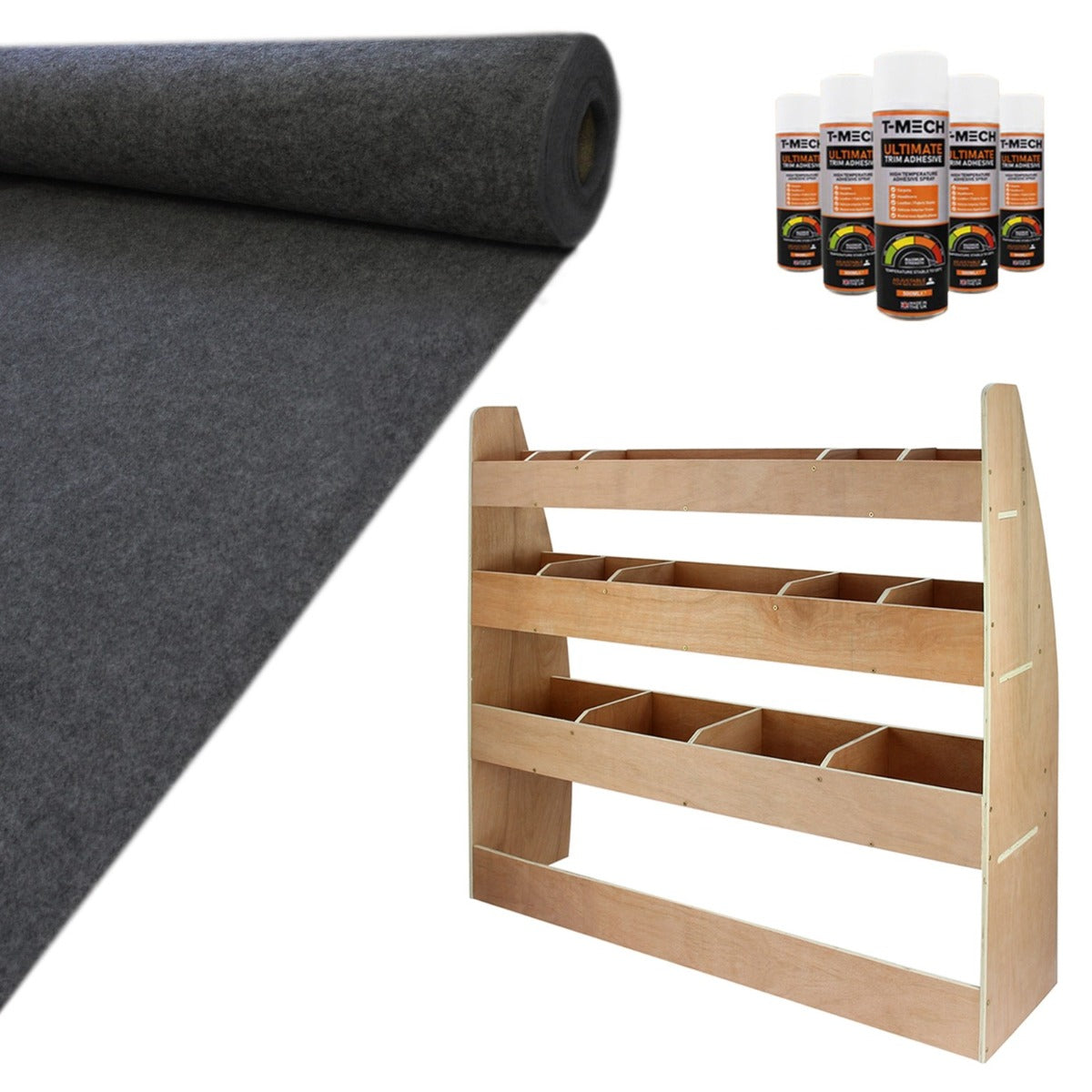 Anthrazitfarbener Teppich mit weicher Textur, Holzregal mit fünf Fächern und Kleberflaschen für die Montage im Set für VW Caddy