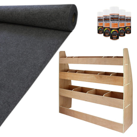 Anthrazitfarbener Teppich mit weicher Textur, Holzregal mit fünf Fächern und Kleberflaschen für die Montage im Set für VW Caddy