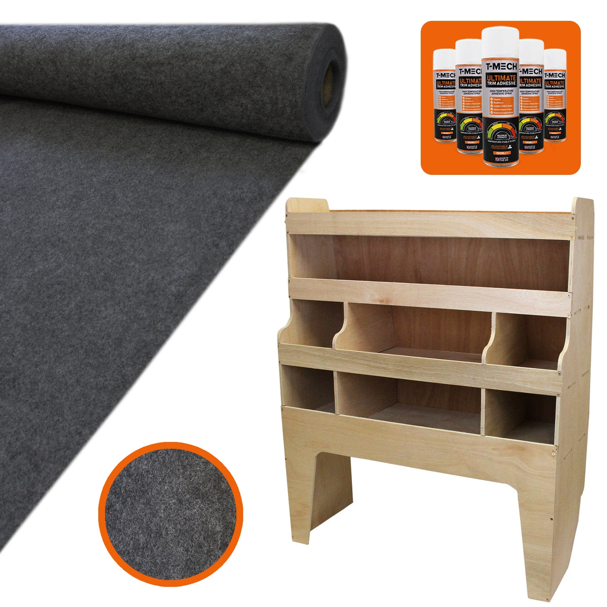 Anthrazitfarbener Teppich mit glatter Oberfläche, Holzregal in hellem Finish, ideal für VW Transporter, Set mit Kleber und Zubehör