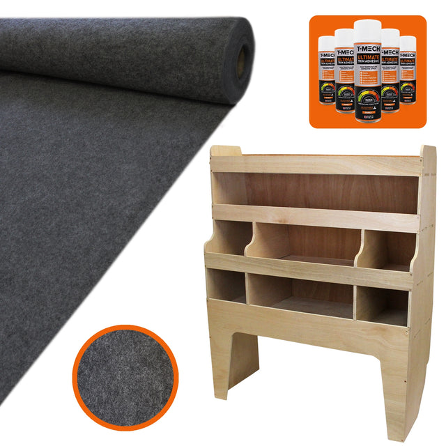 Anthrazitfarbener Teppich mit glatter Oberfläche, Holzregal in hellem Finish, ideal für VW Transporter, Set mit Kleber und Zubehör
