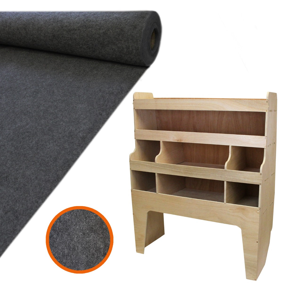 Anthrazitfarbene Teppich-Verkleidung aus strapazierfähigem Material, kombiniert mit einem hellen Holzregal mit mehreren Fächern und orangefarbener Kante