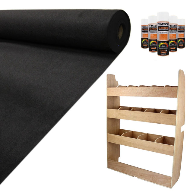 Fahrzeugregal aus hellem Holz mit mehreren Fächern, schwarzer Teppich-Verkleidung und Kleberflaschen in verschiedenen Größen, ideal für Fahrzeugprojekte