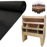 Schwarzer Teppich mit samtiger Textur, 11qm, zusammen mit Holzregal für VW Transporter und Kleberflaschen im Set, ideal für Fahrzeugausbau