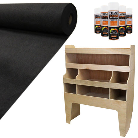 Schwarzer Teppich mit samtiger Textur, 11qm, zusammen mit Holzregal für VW Transporter und Kleberflaschen im Set, ideal für Fahrzeugausbau